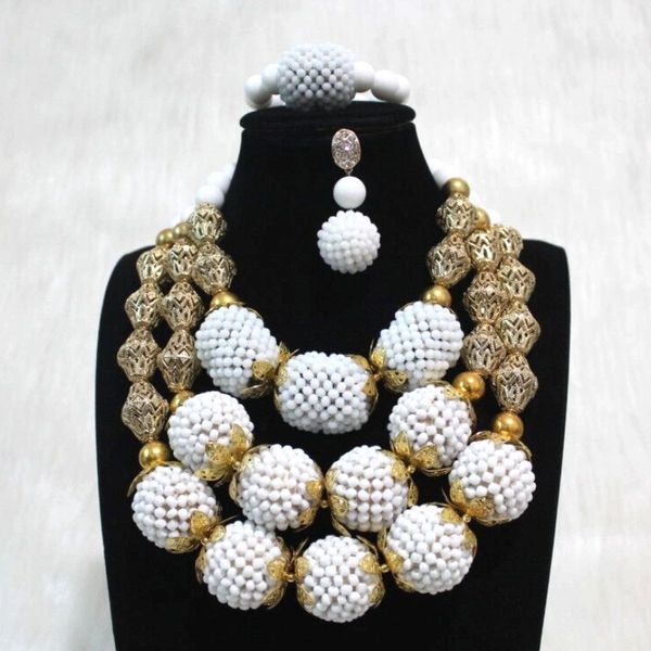 

luxury nigerian white beads fine jewelry set for women with gold divider 3 layers nigerian wedding jewellery set 2019 big design, Silver