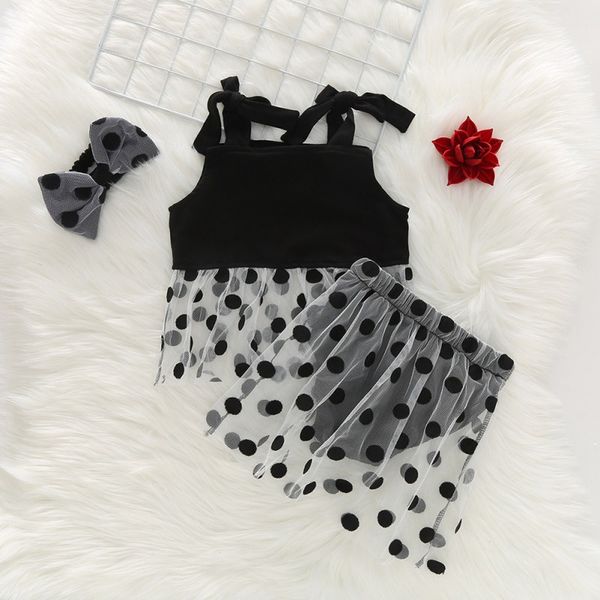 

summer fashion baby girl outfits set polka dot printed strap t-shirt+mesh skirt pp shorts+headband 3 pcs infant clothes, White