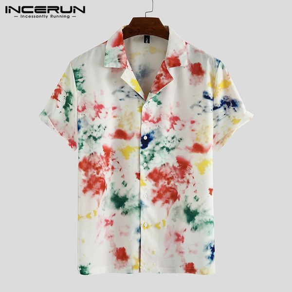 

incerun summer men hawaiian shirt tie dye printed short sleeve lapel breathable blouse streetwear casual mens shirts beach 2020, White;black