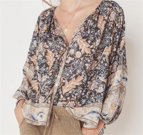 

floral print womens designer shirts fashion bohemian style loose print panelled womens designer shirts casual females clothing, White