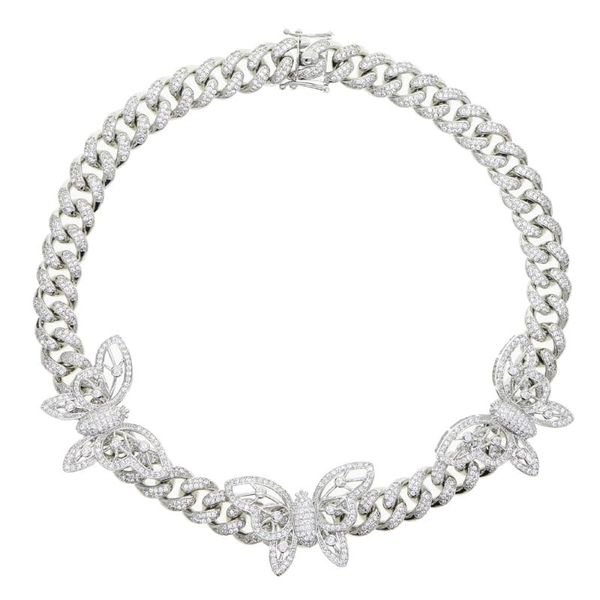

2020 iced out hip hop butterfly charm pendant women jewelry silver clear 5a cz stone 12mm wide miami cuban chain choker necklace
