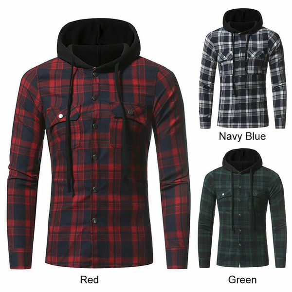 

vintage men's casual long sleeve plaid hooded checked pullover shirt, White;black