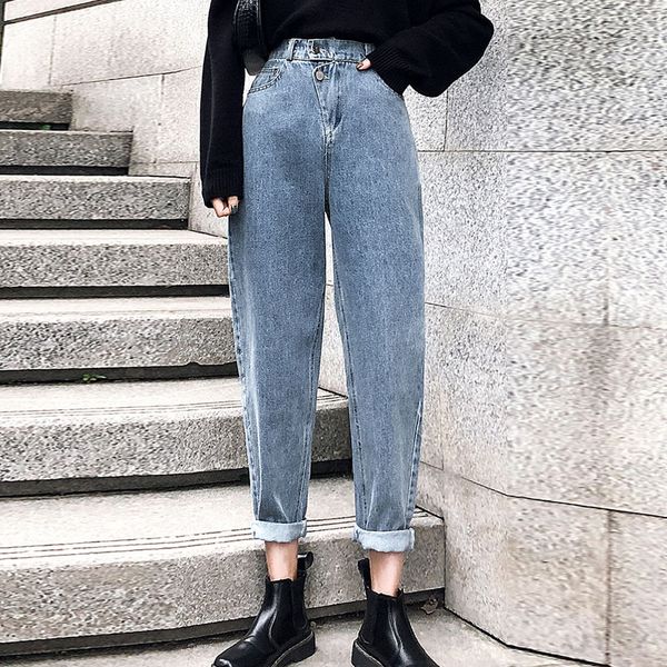 

women's korean style loose high waist solid color pocket retro harem pants, Blue