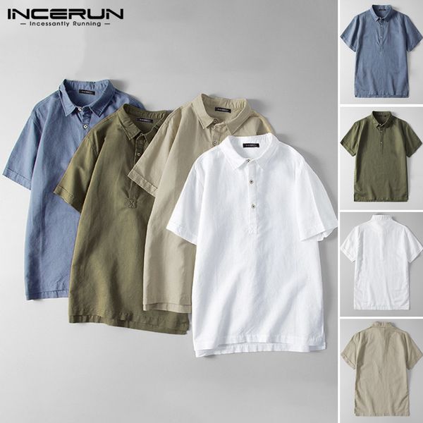 

incerun man casual cotton business shirt men short sleeve shirts fitness leisure summer solid color town down collar blouse, White;black