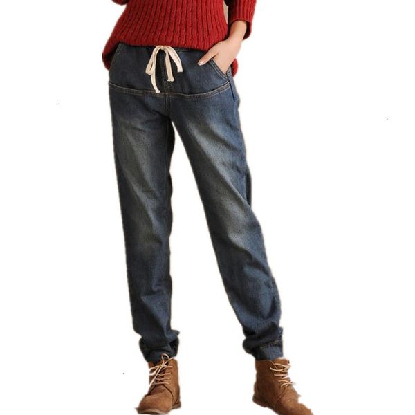 

elastic waist winter jeans broek loose women's harem book broek plus thick velvet straight denim jeans leggings k066, Blue