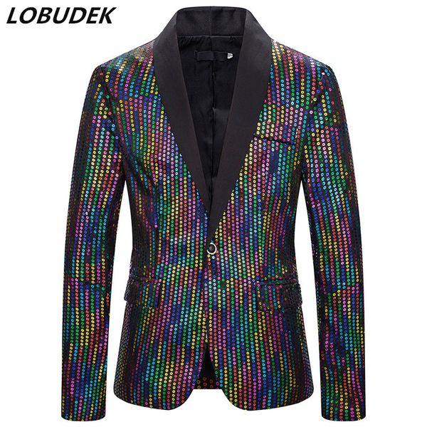 

men's suits & blazers multi-color shiny sequins blazer one button slim fit sequined casual coat stage wear male singer host bar party c, White;black