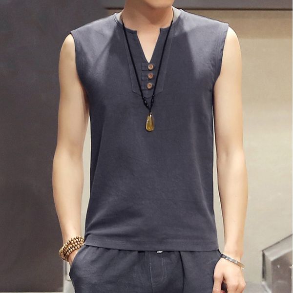 

мужчины одеваются летом китайский стиль v-образным вырезом тонкий дышащий льняной жилет мужской большой размер свободного покроя спортивный, White;black