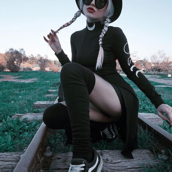 

gothic moon print dresses grunge turtleneck long sleeve mini dress fashion design bottom split black darkness streetwear dress, Black;gray