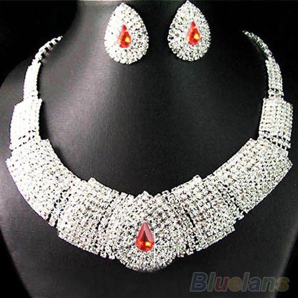 

women's rhinestone bib statement necklace earrings wedding bridal jewelry set collier mariage, Silver