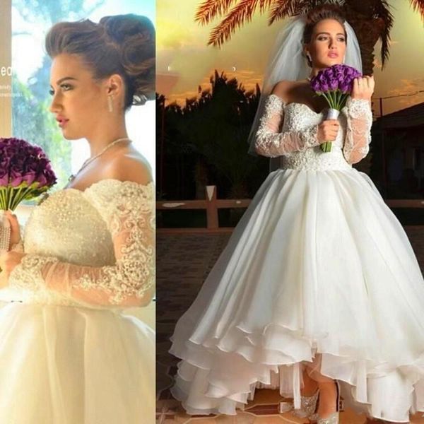 

vintage arabic high low puffy wedding dresses 2020 off shoulder sweetheart bridal gowns lace applique pearls beaded long sleeve bride dress, White