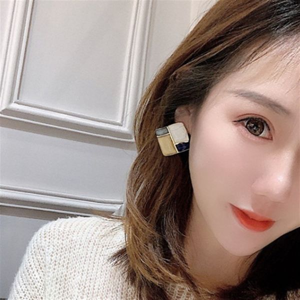 

простой синий желтый ромбическая площади серьги стержня контраст цвета большой ромб нет ухо отверстия серьги non проколотых ушей для женщин, Golden;silver