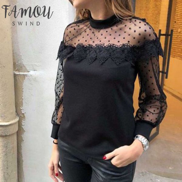 

2020 new fashion women lace see through mesh breathing long sleeve ladies casual slim blouse, White