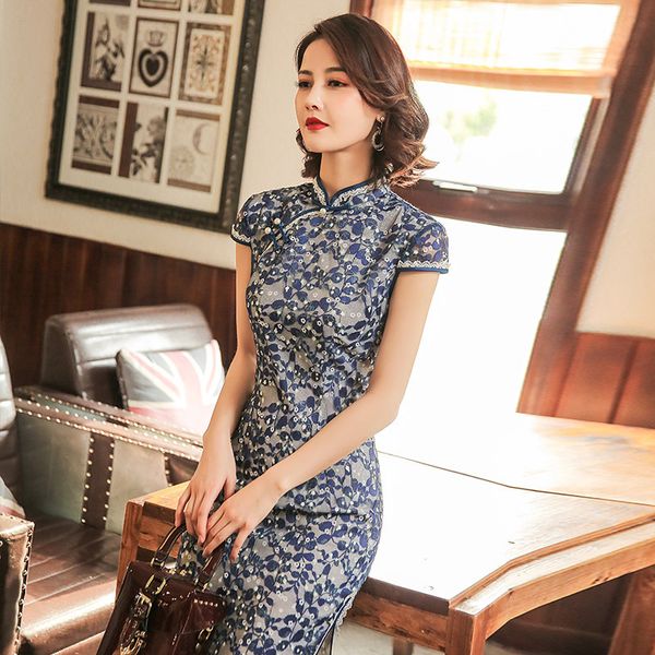 

sheng coco ladies lace qiapo dress navy blue cheongsam leaves pattern traditional clothing chinese latest lace qipao dresses, Red