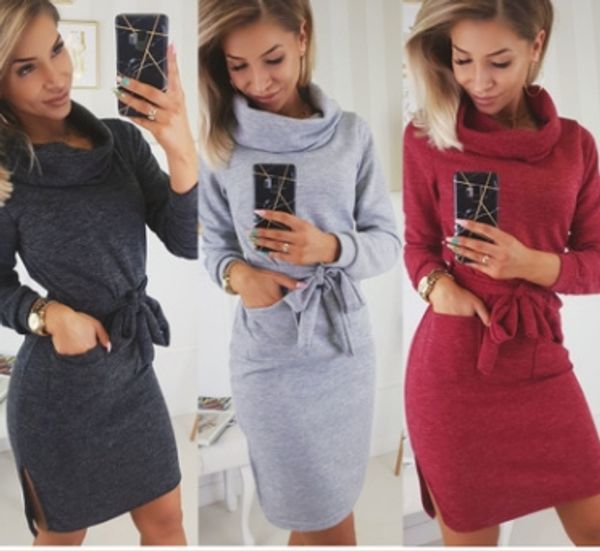 

новое сексуальное платье популярной высокой шеи длинным рукавом зашнуровать карманных женщин платье, Black;gray