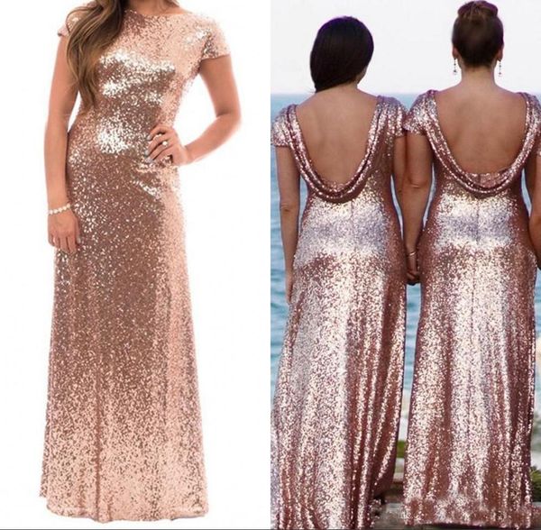 

2018 Shiny Rose Gold Sequins Bridesmaid Dresses With Short Sleeves Backless Floor Length Prom Gown Wedding Party Dress