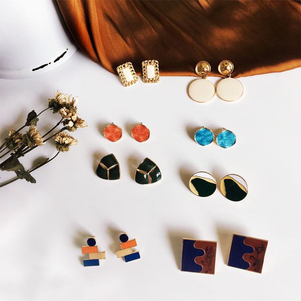 

huanzhi metal enamel acrylic contrast color geometric design personality trendy colorful chic stud earrings for women jewelry, Golden;silver