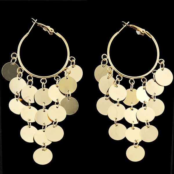 Mode Quaste Pailletten Große Runde Münze Baumeln Ohrringe Für Frauen Kristall Perlen Tropfen Ohrring Gold Farbe Erklärung Schmuck