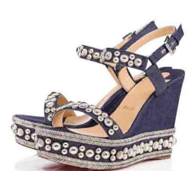 

perfect quality ladies red bottom wedge cataclou sandals gold patent leather studded ladies ankle strap women's pumps party dress eu35, Black