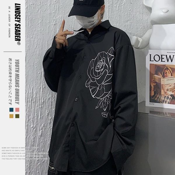 

men's shirt male designer casual shirts solid black rose print curve bottom men dress shirt hip hop hipster streetwear xxl, White;black