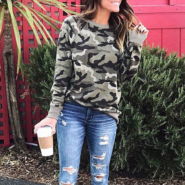 

свободный пуловер женщины 2019 осень новой повседневной моды камуфляж печатные пуловер толстовка перемычка крупногабаритный мундир tops1, Black