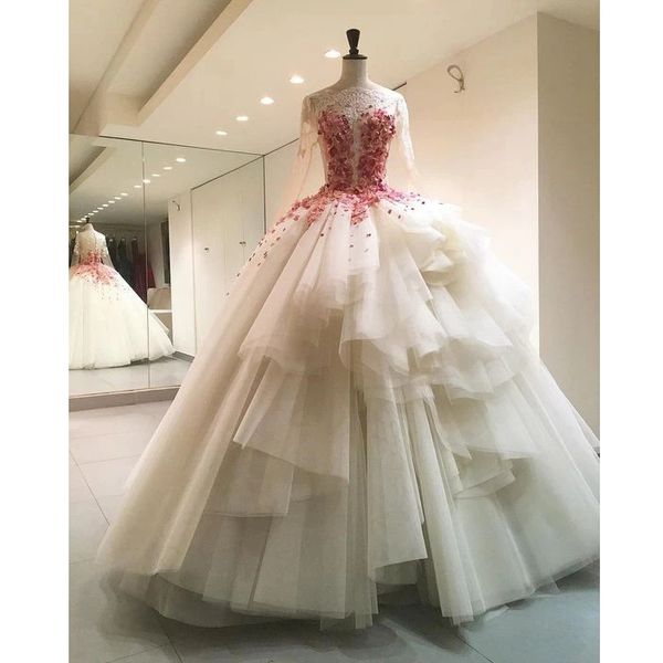 

stunning red and white wedding dresses ball gown bateau neckline with 3d flowers long sleeve wedding gowns appliques robe de mariee boheme