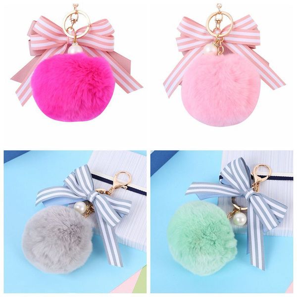 

cute striped bow fur keychain pearl pompom fake fur ball key chain fluffy pompon keyring bag charms key ring llaveros chaveiros, Silver