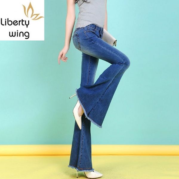 

korean womens sweet pocket fishtail wide leg pants retro washed denim trousers for women casual slim fit skinny jeans, Blue