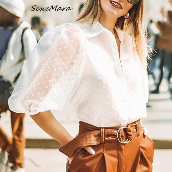 

2020 spring casual patchwork women shirts fashion puff sleeves mesh single breasted blouses, White