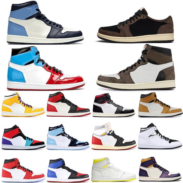 

new arrival tie-dye yellow toe fearless obsidian travis scotts og gym red 1 1s basketball shoes spiderman se unc mens trainers sneaker, White;red