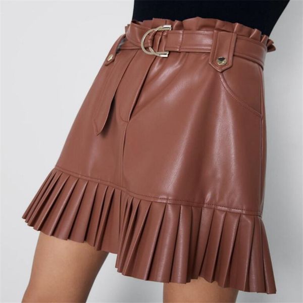 

skirts pu women ruffles bow tie sashes pockets zipper pleated skirt female casual leather ladies clothing, Black