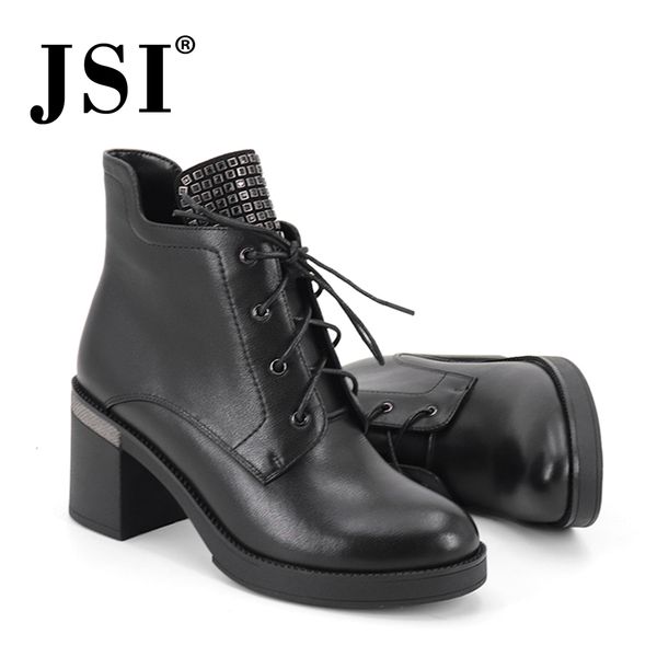 

jsi winter women boots lace-up genuine leather mid-calf round toe shoes square heel high heel handmade solid boots women jc343 t200425, Black
