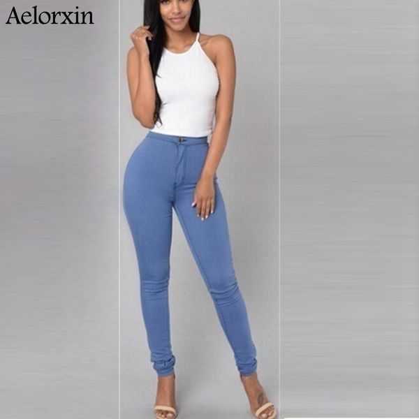 

six colors summer high waisted simple design elastic skinny candy color pencil jeans big size jeans female, Blue