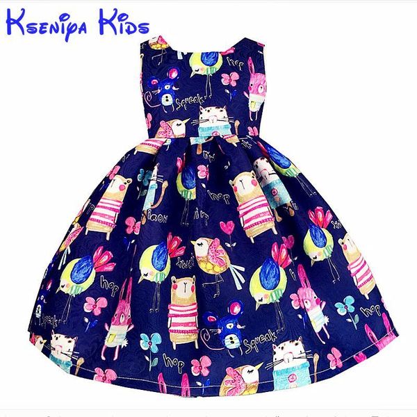 

kseniya kids new european summer girls dresses cotton cartoon girl kids clothes blue pink flower dress hand graffiti 2-14 years, Black;gray