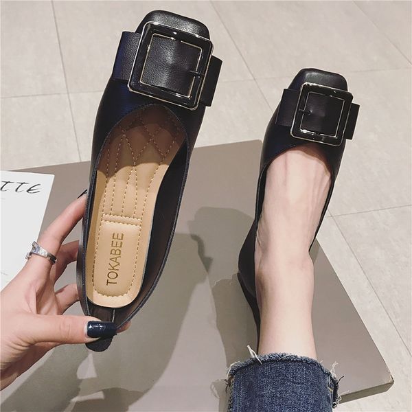 

pu new 2019 women square toe casual slip-on basic spring flat rubber black lace-up fashion buckle strap leather woman shoes