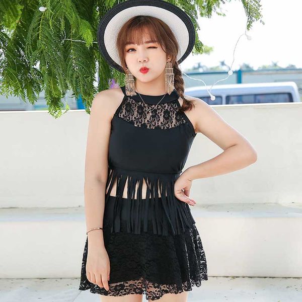 

three piece swimming suit for women hollow large size swimsuit plus 2020 black short sleeve swimwear skirt ladies swimdress bk1002