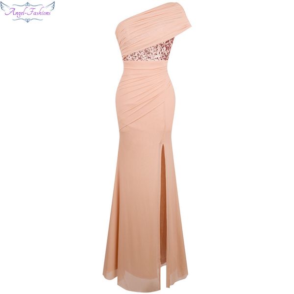 

angel fashions one shoulder pleat ruched sequin slit mermaid long evening dress 350, White;black