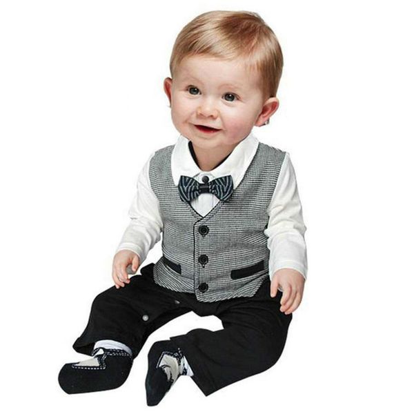 

nice boy baby infant formal gentleman clothes button necktie suit romper 0-18m, White