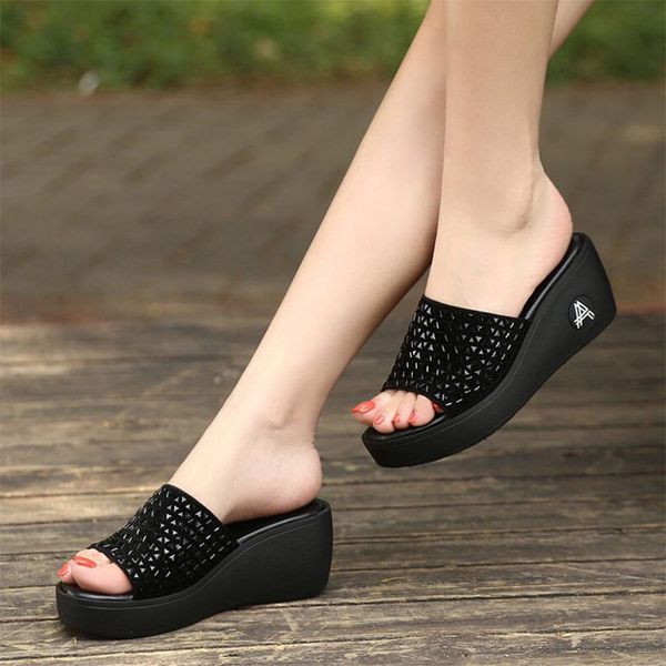 

женщины тапочки кристалл rhinestone женщина дамы peep toe бич клинья для женщин 2020 платформа повседневная обувь обувь женская, Black