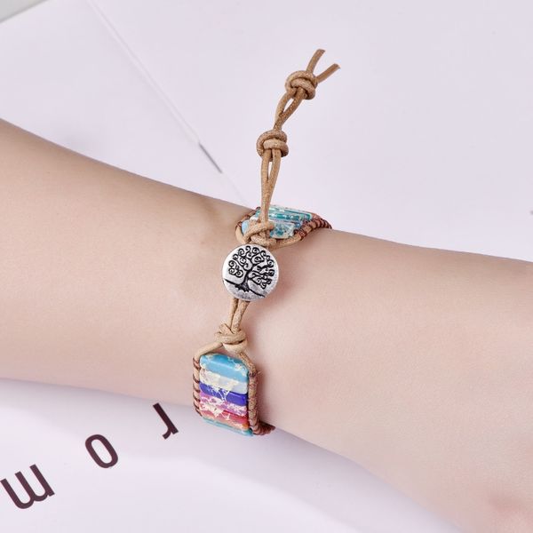 

fashion tree of life charms leather bangles bracelet for women girl fashion 7 chakra reiki healing natural stone yoga bracelet, Golden;silver