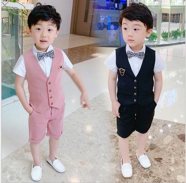

boy summer suit wedding clothes with brooch kids vest+pants costume stage host shows boy short sleeve pants formal suits, White