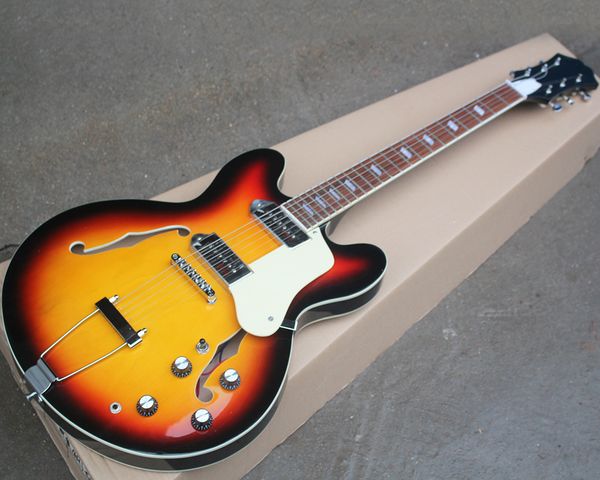 

factory wholesale tobacco sunburst jazz electric guitar with iron pickups,semi hollow body,rosewood fretboard,offering customized services