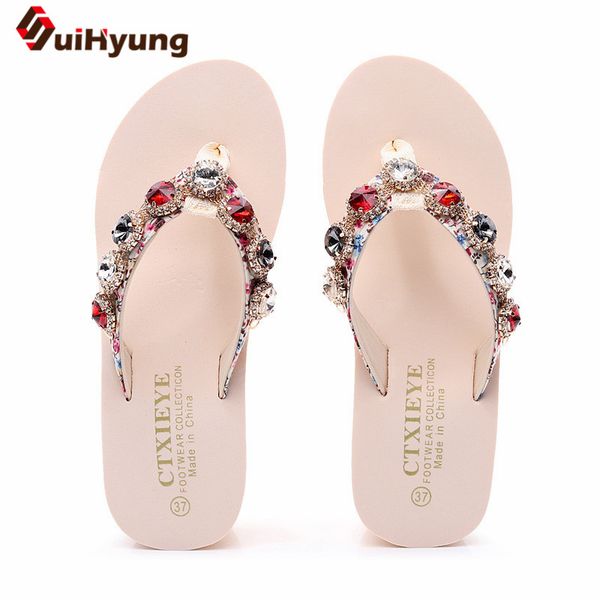 

suihyung women beaded slippers new summer beach shoes colored crystal flip flops woman outside platform slides wedges sandals, Black