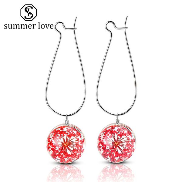 

fashion plant dry flower earring woman colorful dried flowers glass ball pressed flower dangle earing creative charm jewelry gift-y, Silver
