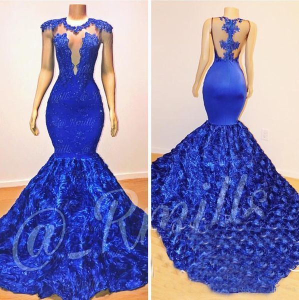 

Royal Blue Русалка Платья Выпускного Вечера 2019 Розы Цветы Длинный Часовня Поезд Прозр