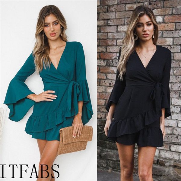 

2018 summer women short dress ruffle bell sleeve bandage waist women evening party dress sundress vestidos two color plus size, Black;gray