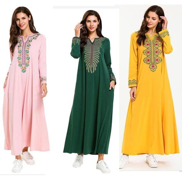 

muslim dress women plus size muslim embroidery loose dress long sleeve arab islam jilbab caftan marocain, Red