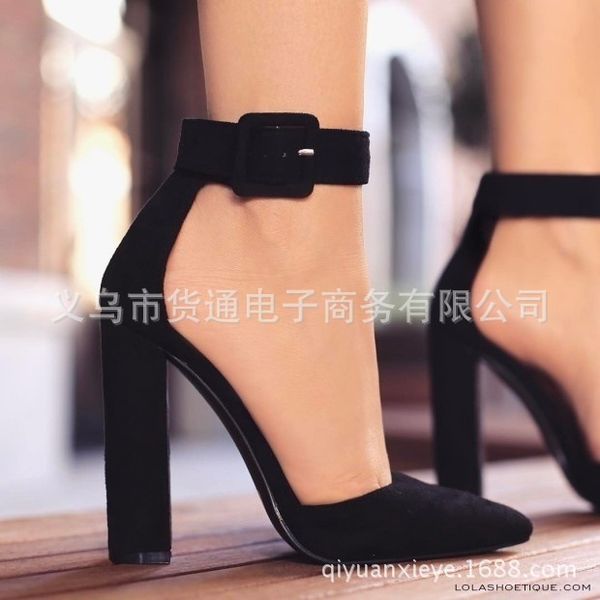 

2018 high-heeled shoes pointed toe chunky heel large size women's shoes old customers, Black