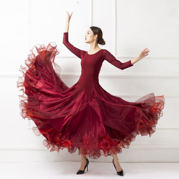

stage wear women standard ballroom dance dress big performance waltz tango rumba modern, Black;red