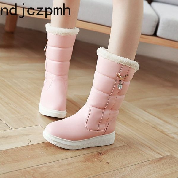 

women's boots the new winter round head wedge low-heeled middle tube crystal women's shoes plus size 33-43 heel height 4cm black