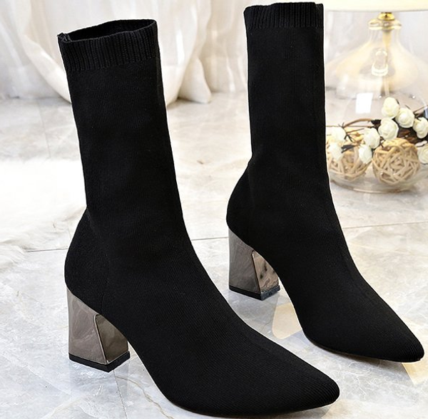 

autumn winter female boots high heel pointed boots elastic fabric woman mid-calf black socks casual fashion shoe women 006